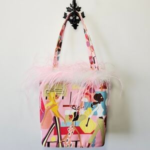 Vintage Y2K Club Rochelier Tote Bag Ostrich Feather Trim Barbiecore Purse